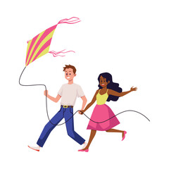 Happy young loving couple flying a kite flat vector illustration isolated.