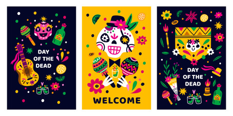 Mexican holiday. Death party posters. Day of dead. Latino style elements. Traditional festival. Muertos carnival. Sugar skulls and tequila. Garish vector cartoon invitation cards set