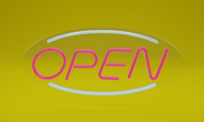 3d illustration, sign with the word open in neon lights, 3d rendering