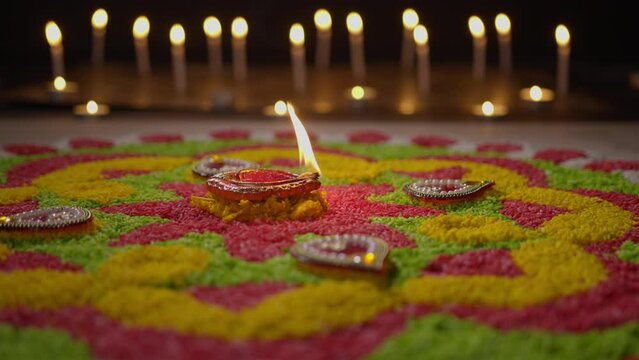 Traditional diya lamps lit during diwali celebration