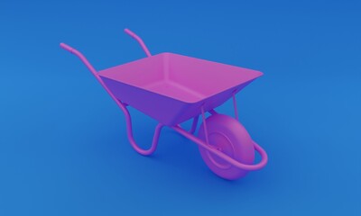 3d illustration, wheelbarrow, blue background, copy space, 3d rendering