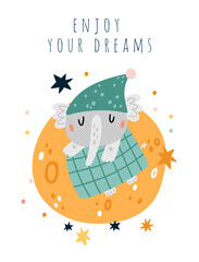 Sleeping baby animal card. Cute elephant slumbering on moon under blanket. Baby fauna with text. Stars and planet. Mammal in pajamas cap. Night relaxation. Vector sweet dreams poster
