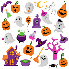 Large vector flat set of elements for Halloween. Pumpkin, ghost, potion and other witchcraft for Halloween.