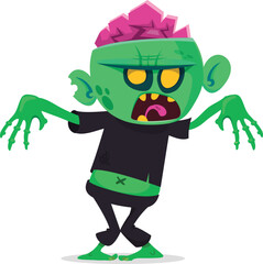 Cartoon funny green zombie with pink brains outside of the head. Halloween vector illustration isolated
