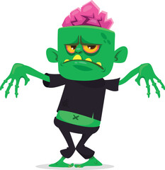 Cartoon funny green zombie with pink brains outside of the head. Halloween vector illustration isolated