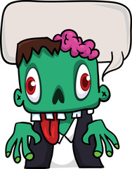 Cartoon zombie holding blank paper banner for text. Vector illustration. Isolated on the white background. Halloween design element for banner, postcard, poster