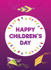 Happy children day card or poster design with kites, flat vector illustration.