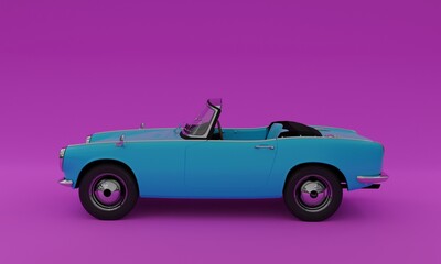 3d illustration, convertible old car, classic, blue color, pink background, 3d rendering - obrazy, fototapety, plakaty