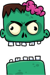 Cartoon angry zombie head. Halloween vector illustration of funny zombie moaning with wide open mouth full of teeth