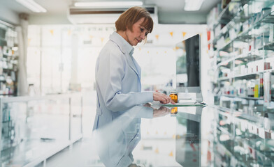 adult recommends a bottle of medicine .pharmacist woman advice At the pharmacy.Pharmacy and health care business.Professional seller medicamen.