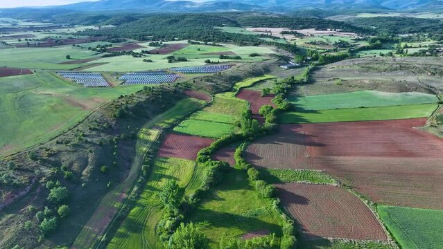 Landscape of cultivated fields in the surroundings of the town of Campolara. Aerial view from a drone. Arlanza region. Burgos, Castilla y Leon, Spain, Europe