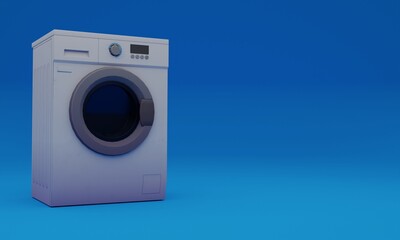 3d illustration, washing machine, blue background, copy space, 3d rendering.