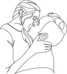 One continuous, single line  drawing of a woman and a man. Hugs of a young couple, lovers, woman and man. Doodles. Romantic.