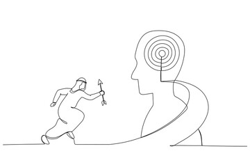 Illustration of arab businessman hold arrow running up stairway to the target on human head. Metaphor for growth, success, target, positioning. Single line art style