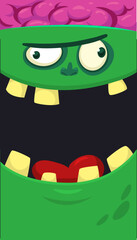 Cartoon angry zombie face avatar. Halloween vector illustration of funny zombie moaning with wide open mouth full of teeth. Great for decoration or package design.