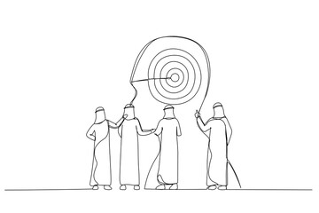 Drawing of arab business man target customer and develop marketing strategy. Metaphor for data analysis. Continuous line art