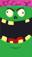 Cartoon angry zombie face avatar. Halloween vector illustration of funny zombie moaning with wide open mouth full of teeth. Great for decoration or package design.