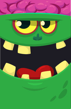 Cartoon angry zombie face avatar. Halloween vector illustration of funny zombie moaning with wide open mouth full of teeth. Great for decoration or package design.