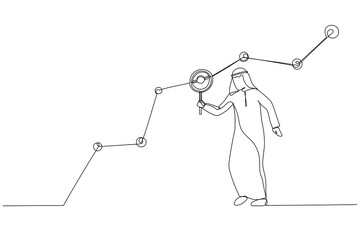 Drawing of arab businessman marketer holding magnifying glass analyze customer data graph and chart. Continuous line art