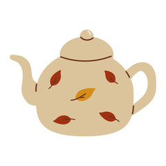 Vintage tea kettle with leaf pattern. Ceramic teapot with autumn herbal drink, leaves. Colored flat vector illustration isolated on white background