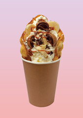 Bubble Waffle with toffee, Banana, Ice Cream, Candies And Chocolate