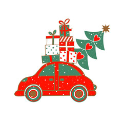 Nice red car carrying christmas tree and gift box