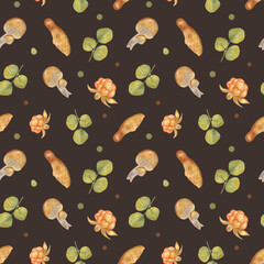 Cloudberry, mushroom and maple seeds. Autumn seamless pattern with autumn harvest. Gentle autumn pattern for Thanksgiving.