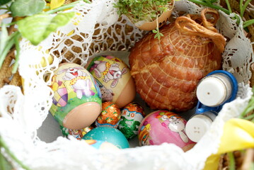Traditional in Poland Easter basket full of food like meat, eggs, bread, cake, salt, pepper.