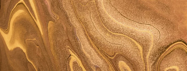 Fotobehang Abstract fluid art background golden and bronze colors. Liquid marble. Acrylic painting with brown lines and gradient. © nikol85