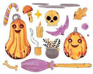 Collection of illustrations for Halloween. Pumpkins, broom, cauldron, bones, skull. Hand-drawn. Marker illustration