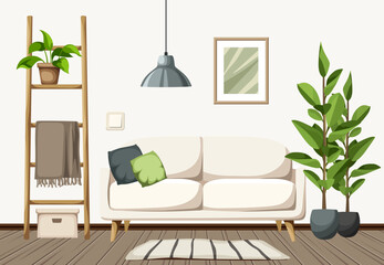 Scandinavian room interior with a white sofa, a ladder, and houseplants. Minimalist interior design. Cartoon vector illustration