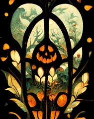 Halloween card. Silhouette of gate in mysterious garden and smiling evil pumpkin