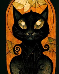 Halloween Black Cat Familiar of Witch . Art-Nouveau fantasy style card