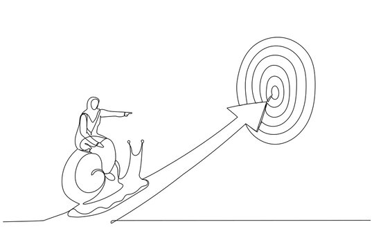 Cartoon Of Tried Muslim Businesswoman Riding Snail Slow Walking On Arrow To Reach Target. Metaphor For Slow Business Progress, Laziness Or Procrastination. One Continuous Line Art Style