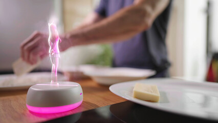 3D anime girl hologram assistant interact with male person prepare meal - obrazy, fototapety, plakaty