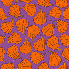 Autumn seamless pattern, square background, hand drawn pumpkins