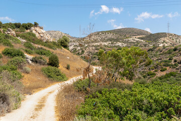 Cyprus landscapes. The hills above the rock of Aphrodite. Mountains and forests. Bridge crossing the mountains.