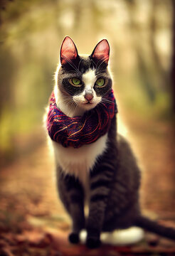 A cat wearing a scarf in an Autumn forest.