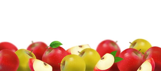 Red green apples horizontal banner. Apple fruits lying on white background. 3D vector realistic