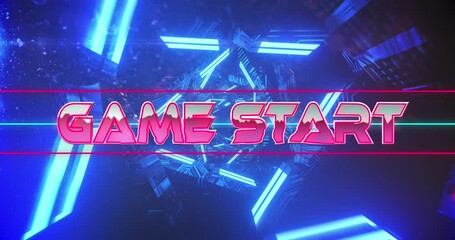 Animation of game start text banner over neon blue tunnel in seamless pattern on black background