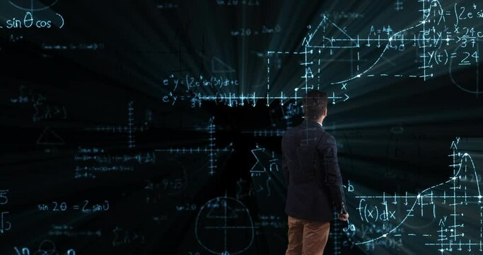 Animation of mathematical equations over caucasian businessman touching an invisible screen