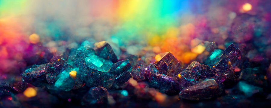 Magical colorful crystal gemstone close-up. Iridescent background. CGI render illustration.