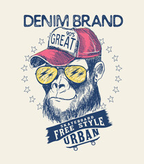 Cool Monkey illustration with cool slogan for t-shirt and other uses. - obrazy, fototapety, plakaty