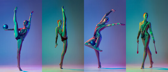 Collage. Full-length portraits of young sportive woman, female rhythmic gymnast performing,...