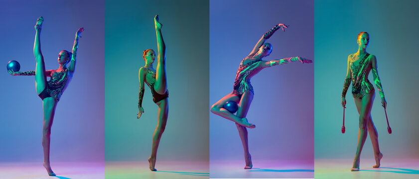 Collage. Full-length portraits of young sportive woman, female rhythmic gymnast performing, training over multicolored background in neon light