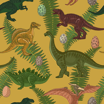 Seamless pattern. Dinosaurs with eggs and leaves. Vintage retro style in mustard and green tones. Illustration vector. For textiles and packaging.