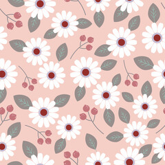 seamless floral pattern with abtract  white flower, leaf,fruit on pink background.