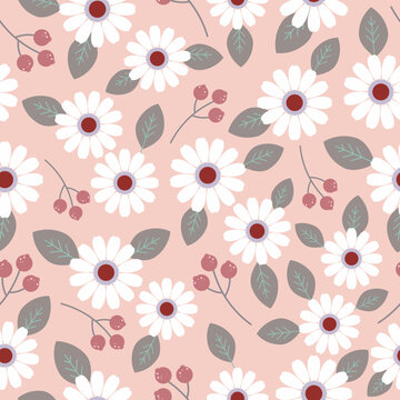 Seamless Floral Pattern With Abtract  White Flower, Leaf,fruit On Pink Background.