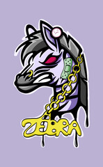 angry zebra in color with a chain around his neck vector print and sticker