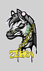 angry zebra in black and white with a chain around his neck vector print and sticker